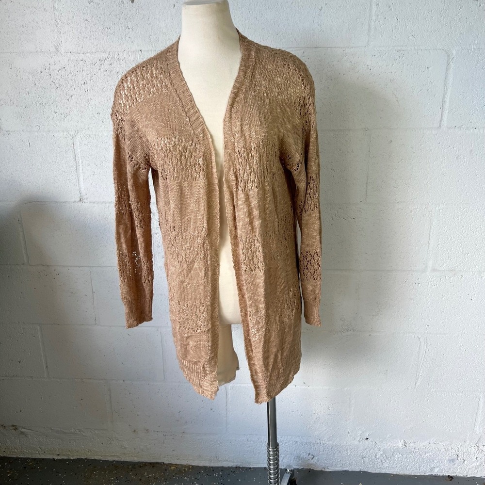 Unbranded Women Cardigan Open Pointelle Knit Tan Large